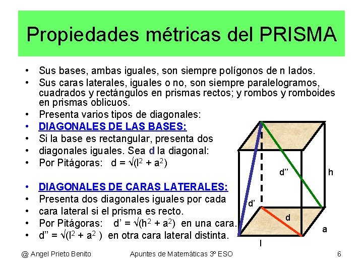 Propiedades métricas del PRISMA • Sus bases, ambas iguales, son siempre polígonos de n