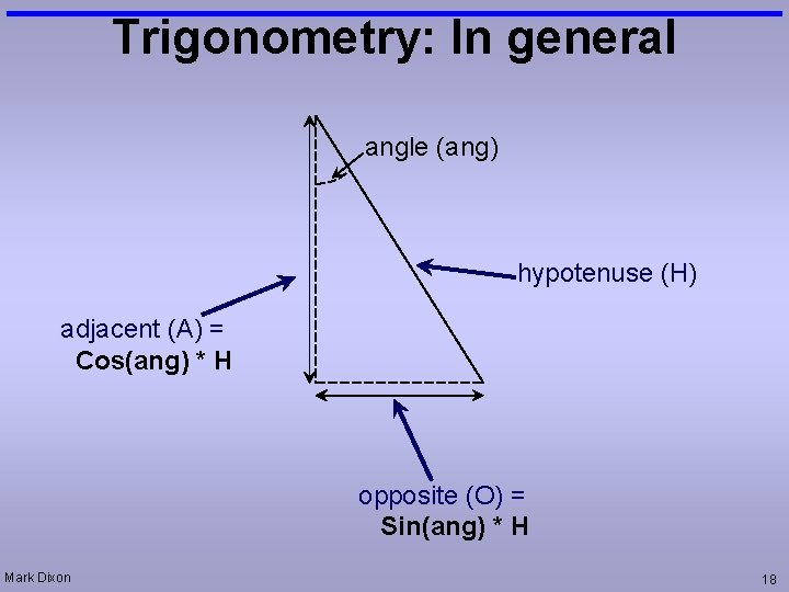 Trigonometry: In general angle (ang) hypotenuse (H) adjacent (A) = Cos(ang) * H opposite