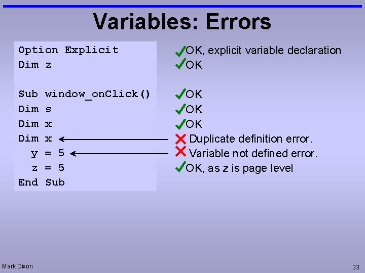 Variables: Errors Option Explicit Dim z OK, explicit variable declaration OK Sub Dim Dim