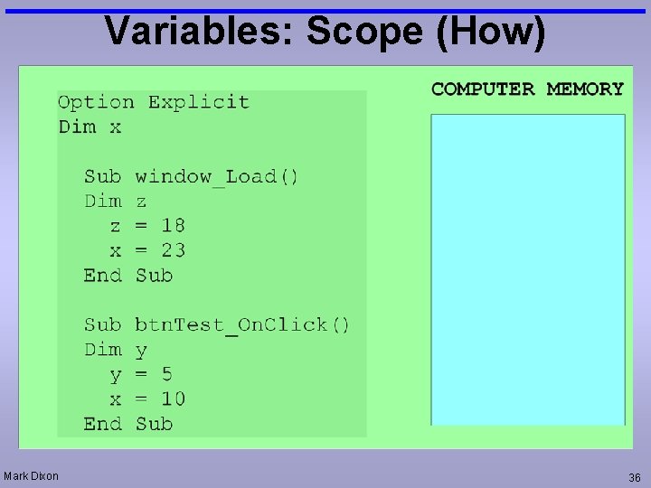 Variables: Scope (How) Mark Dixon 36 
