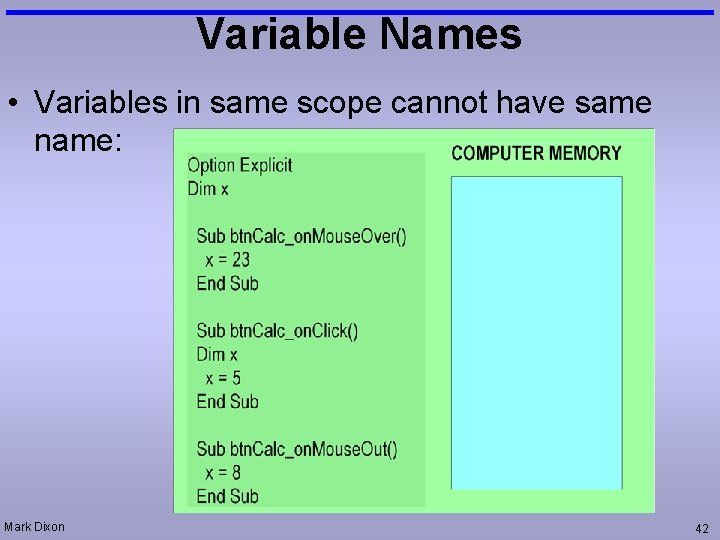 Variable Names • Variables in same scope cannot have same name: Mark Dixon 42