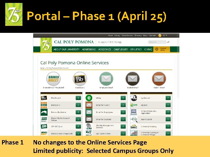 Portal – Phase 1 (April 25) Phase 1 No changes to the Online Services