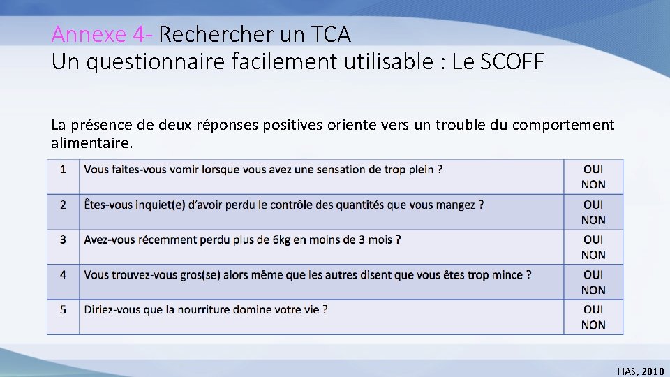 Annexe 4 - Recher un TCA Un questionnaire facilement utilisable : Le SCOFF La