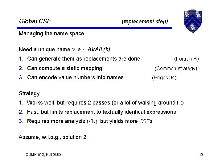 Global CSE (replacement step) Managing the name space Need a unique name e AVAIL(b)