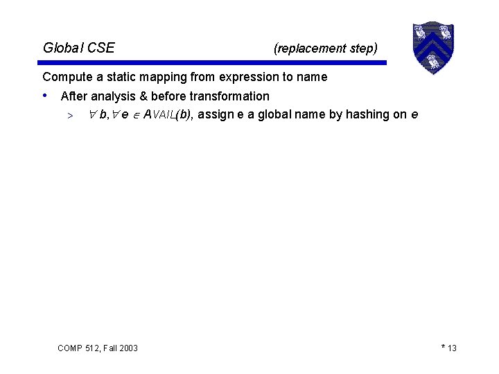 Global CSE (replacement step) Compute a static mapping from expression to name • After