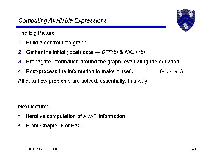 Computing Available Expressions The Big Picture 1. Build a control-flow graph 2. Gather the
