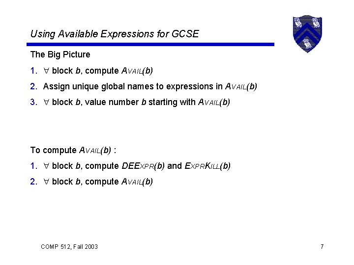 Using Available Expressions for GCSE The Big Picture 1. block b, compute AVAIL(b) 2.