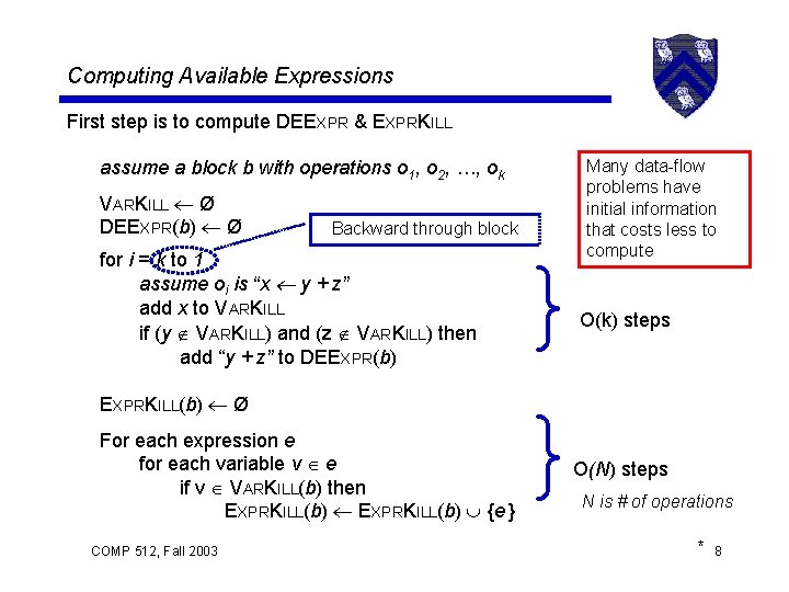 Computing Available Expressions First step is to compute DEEXPR & EXPRKILL assume a block