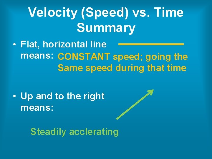 Velocity (Speed) vs. Time Summary • Flat, horizontal line means: CONSTANT speed; going the