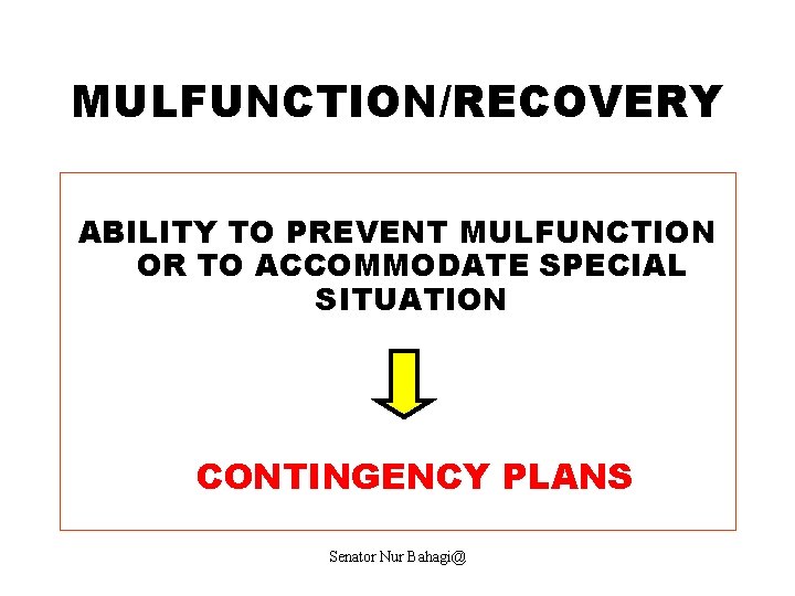 MULFUNCTION/RECOVERY ABILITY TO PREVENT MULFUNCTION OR TO ACCOMMODATE SPECIAL SITUATION CONTINGENCY PLANS Senator Nur
