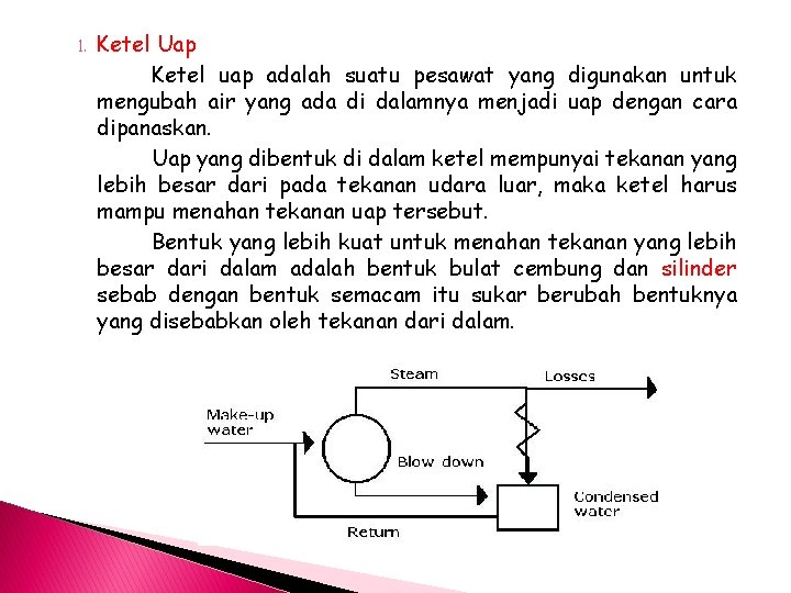 1. Ketel Uap Ketel uap adalah suatu pesawat yang digunakan untuk mengubah air yang