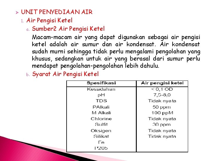 Ø UNIT PENYEDIAAN AIR 1. Air Pengisi Ketel a. Sumber 2 Air Pengisi Ketel