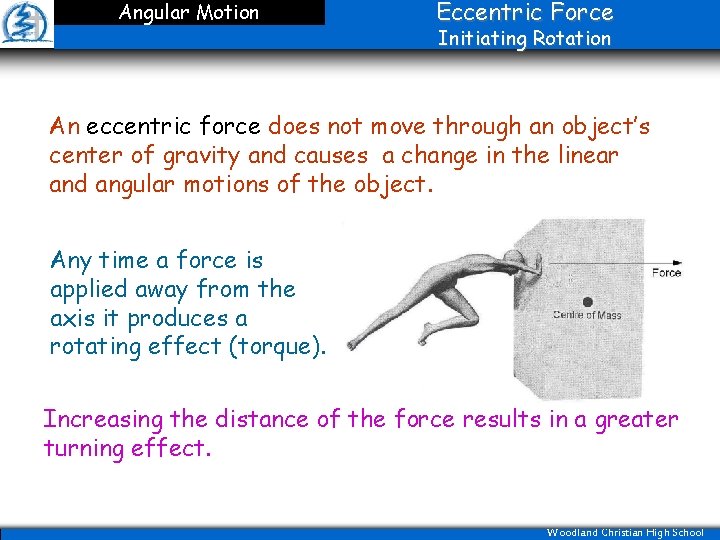 Angular Motion Eccentric Force Initiating Rotation An eccentric force does not move through an
