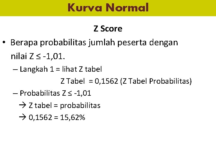 Kurva Normal Z Score • Berapa probabilitas jumlah peserta dengan nilai Z ≤ -1,