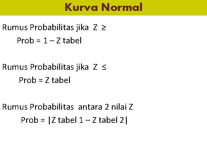 Kurva Normal Rumus Probabilitas jika Z ≥ Prob = 1 – Z tabel Rumus