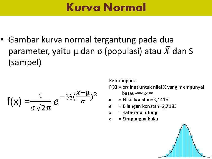 Kurva Normal • Keterangan: F(X) = ordinat untuk nilai X yang mempunyai batas -∞<x<∞