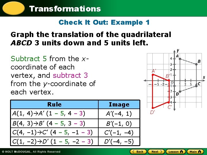 Transformations Check It Out: Example 1 Graph the translation of the quadrilateral ABCD 3