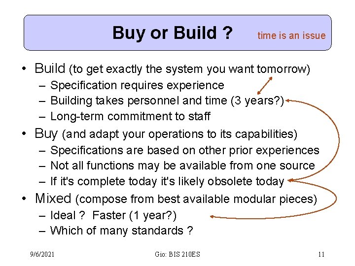 Buy or Build ? time is an issue • Build (to get exactly the