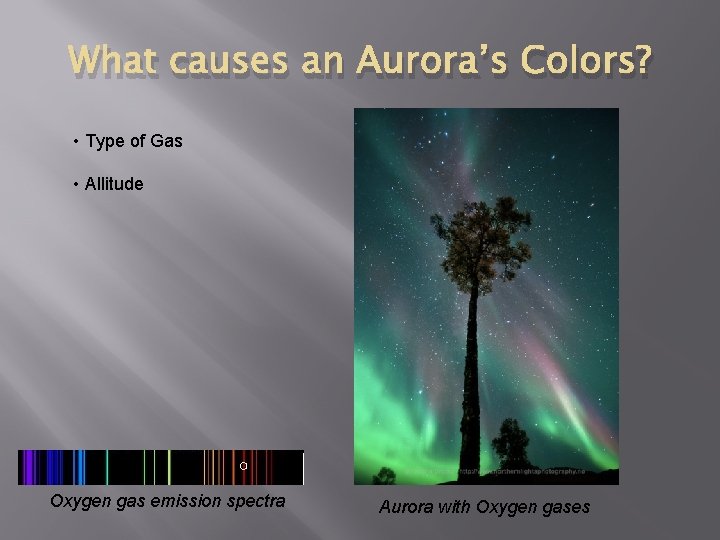 What causes an Aurora’s Colors? • Type of Gas • Allitude Oxygen gas emission