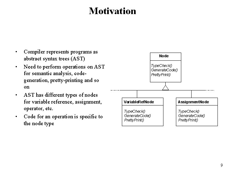 Motivation • • Compiler represents programs as abstract syntax trees (AST) Need to perform