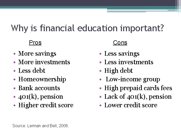 Why is financial education important? Pros • • More savings More investments Less debt