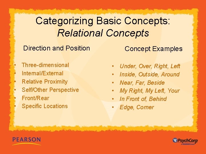 Categorizing Basic Concepts: Relational Concepts Direction and Position • • • Three-dimensional Internal/External Relative