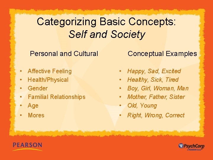 Categorizing Basic Concepts: Self and Society Personal and Cultural • • • Affective Feeling