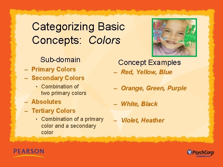 Categorizing Basic Concepts: Colors Sub-domain – Primary Colors – Secondary Colors • Combination of