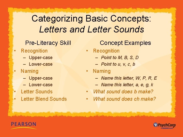 Categorizing Basic Concepts: Letters and Letter Sounds Pre-Literacy Skill • Recognition – Upper-case –