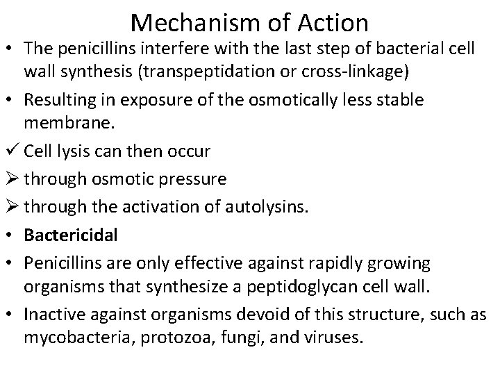 Mechanism of Action • The penicillins interfere with the last step of bacterial cell