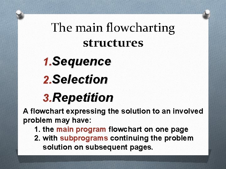 The main flowcharting structures 1. Sequence 2. Selection 3. Repetition A flowchart expressing the The main flowcharting structures 1. Sequence 2. Selection 3. Repetition A flowchart expressing the