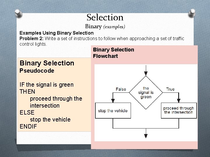 Selection Binary (examples) Examples Using Binary Selection Problem 2: Write a set of instructions Selection Binary (examples) Examples Using Binary Selection Problem 2: Write a set of instructions