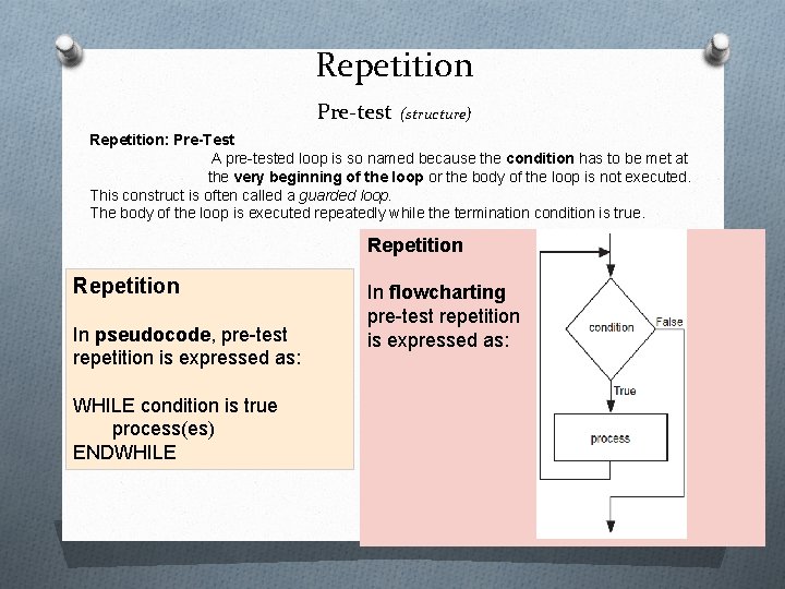 Repetition Pre-test (structure) Repetition: Pre-Test A pre-tested loop is so named because the condition Repetition Pre-test (structure) Repetition: Pre-Test A pre-tested loop is so named because the condition