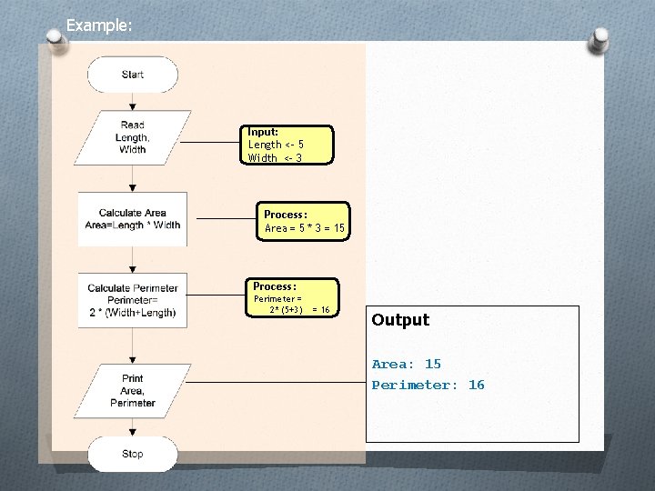 Example: Input: Length <- 5 Width <- 3 Process: Area = 5 * 3 Example: Input: Length <- 5 Width <- 3 Process: Area = 5 * 3