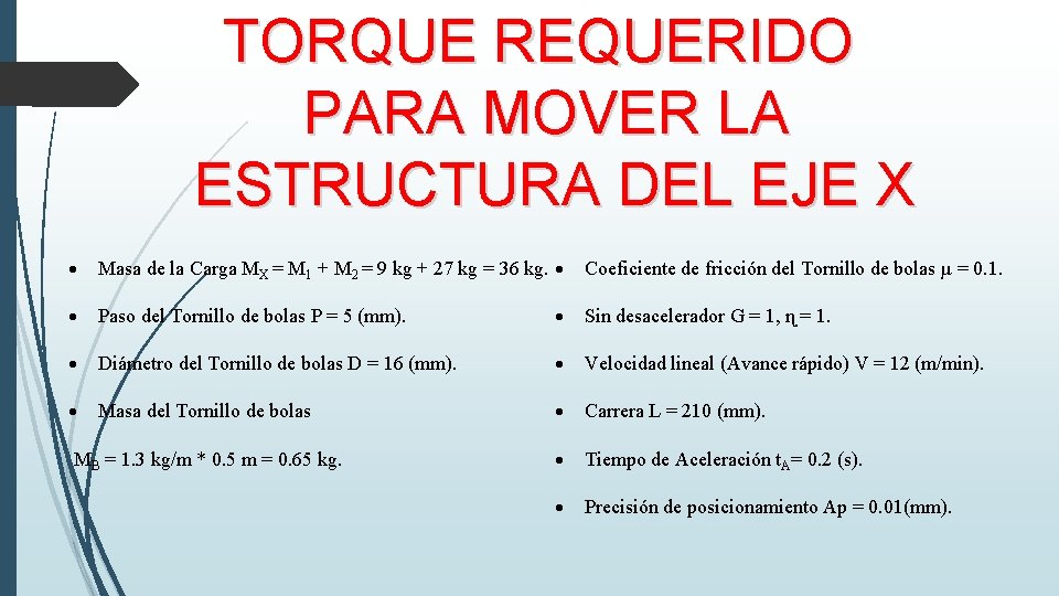 TORQUE REQUERIDO PARA MOVER LA ESTRUCTURA DEL EJE X Masa de la Carga MX