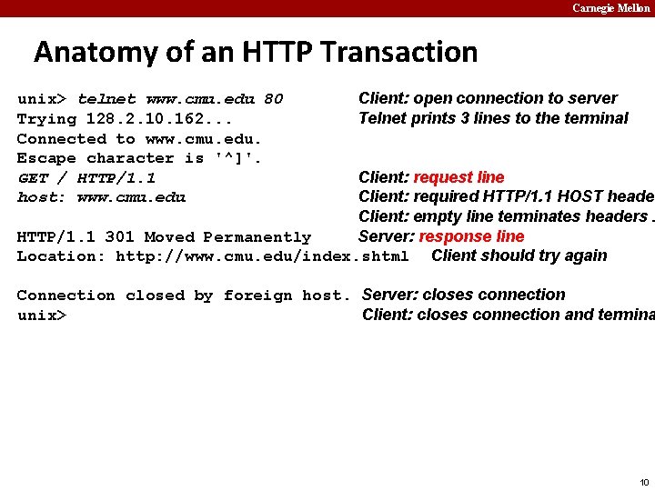 Carnegie Mellon Anatomy of an HTTP Transaction unix> telnet www. cmu. edu 80 Trying