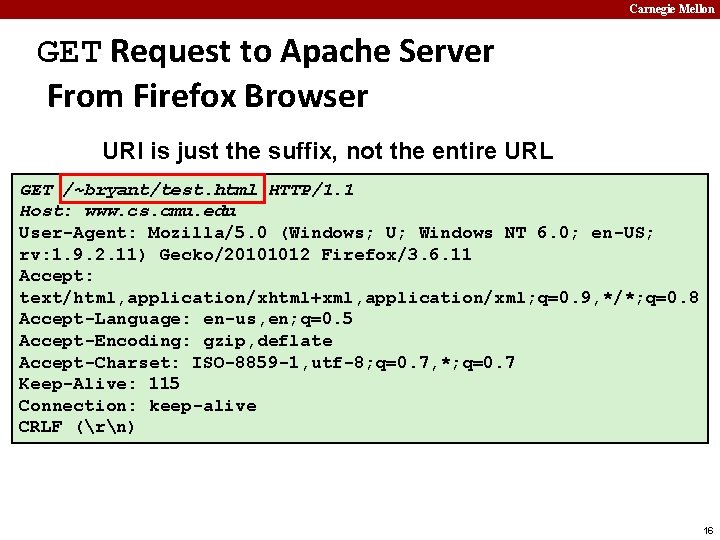 Carnegie Mellon GET Request to Apache Server From Firefox Browser URI is just the