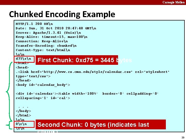Carnegie Mellon Chunked Encoding Example HTTP/1. 1 200 OKn Date: Sun, 31 Oct 2010