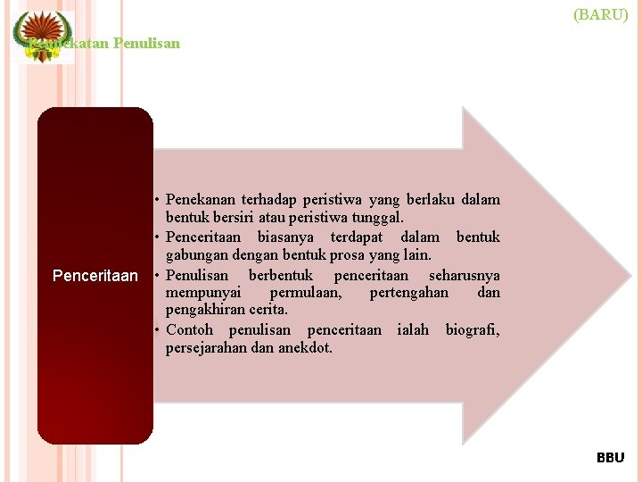 (BARU) Pendekatan Penulisan • Penekanan terhadap peristiwa yang berlaku dalam bentuk bersiri atau peristiwa