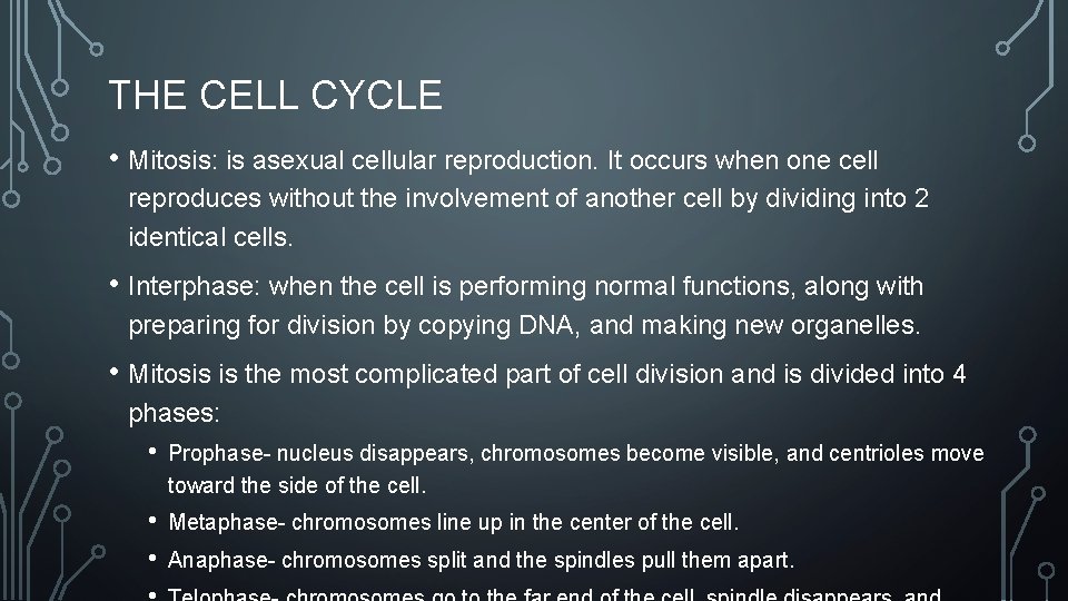 THE CELL CYCLE • Mitosis: is asexual cellular reproduction. It occurs when one cell