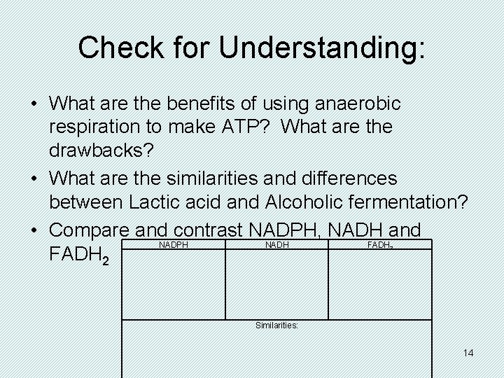 Check for Understanding: • What are the benefits of using anaerobic respiration to make