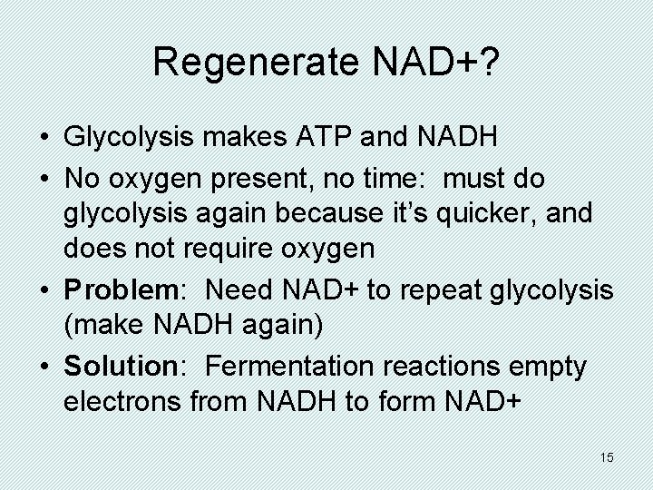 Regenerate NAD+? • Glycolysis makes ATP and NADH • No oxygen present, no time: