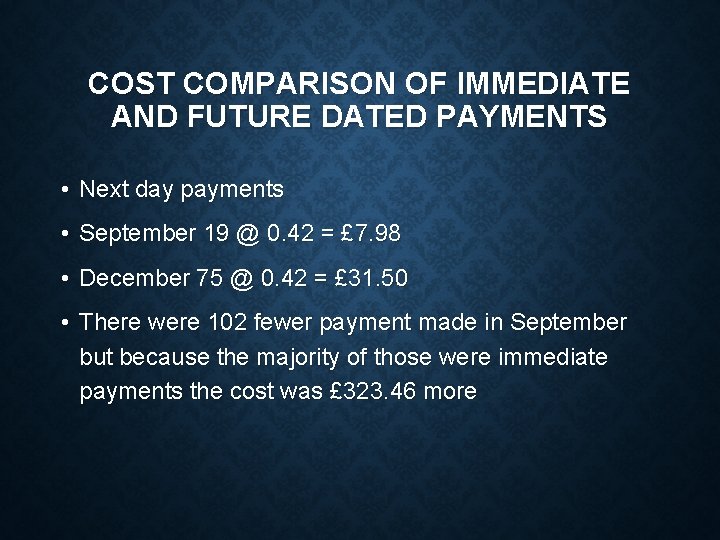 COST COMPARISON OF IMMEDIATE AND FUTURE DATED PAYMENTS • Next day payments • September