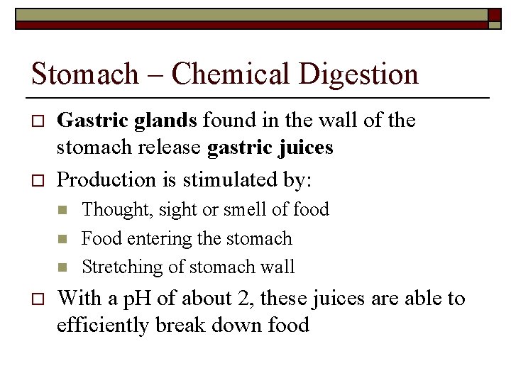 Stomach – Chemical Digestion o o Gastric glands found in the wall of the