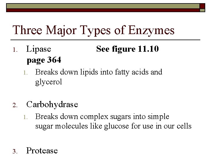Three Major Types of Enzymes 1. Lipase page 364 1. 2. Breaks down lipids