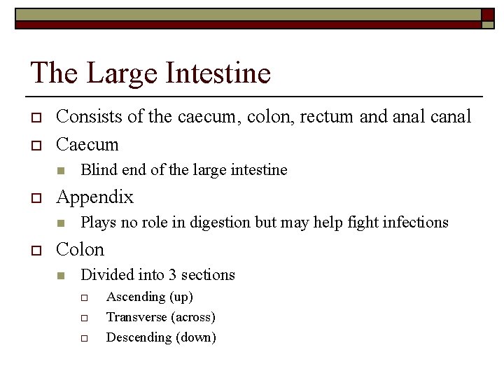 The Large Intestine o o Consists of the caecum, colon, rectum and anal canal