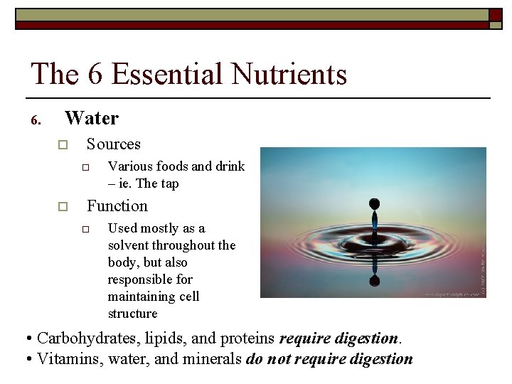 The 6 Essential Nutrients 6. Water o Sources o o Various foods and drink