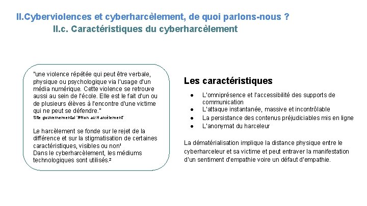 II. Cyberviolences et cyberharcèlement, de quoi parlons-nous ? II. c. Caractéristiques du cyberharcèlement ”une