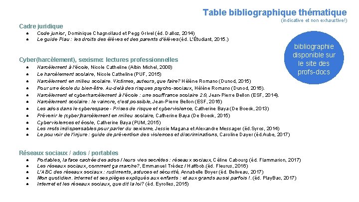 Table bibliographique thématique Cadre juridique ● ● (indicative et non exhaustive!) Code junior, Dominique