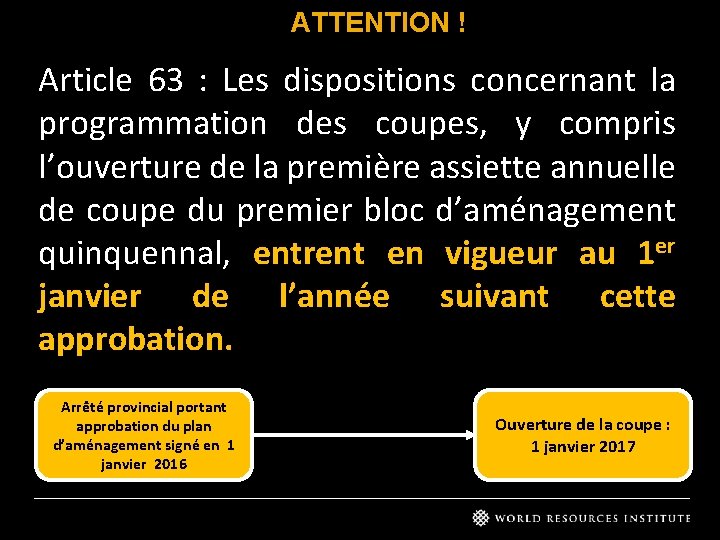 ATTENTION ! Article 63 : Les dispositions concernant la programmation des coupes, y compris